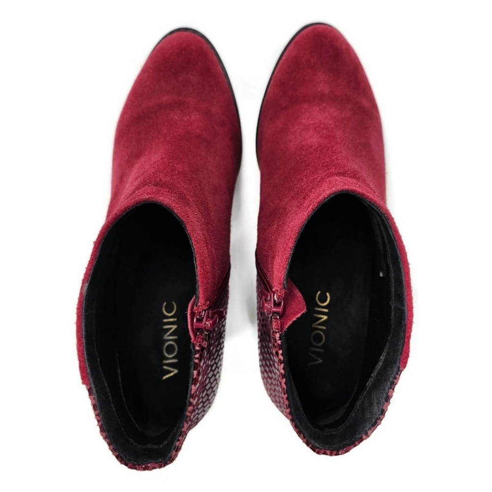 Vionic Bromley Cabernet Red Suede & Textured Snake Print Block Heel Ankle Boots - Picture 10 of 13